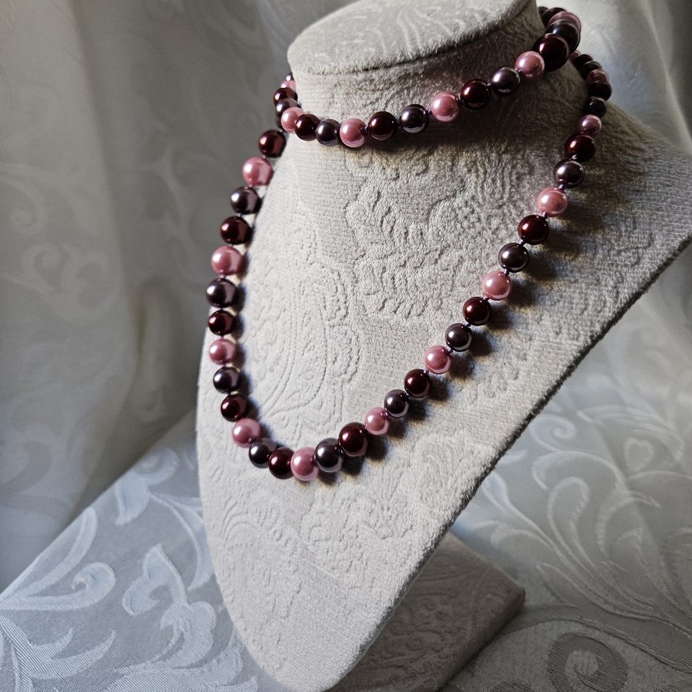 Purple and Pink Graduated Glass Pearl Bead Necklace Sterling Silver Clasp